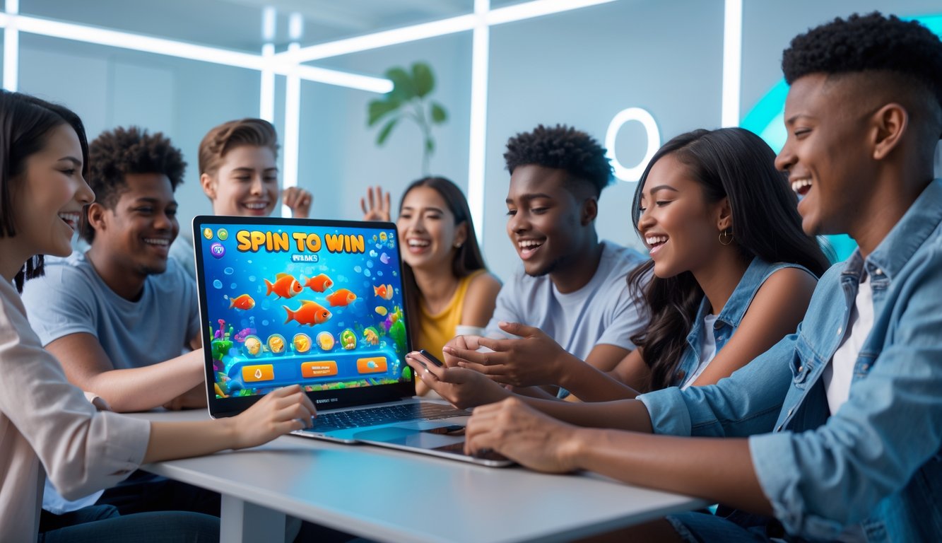 Sekelompok orang muda sedang bermain game tembak ikan dan putar roda hadiah di layar komputer dalam ruangan modern.