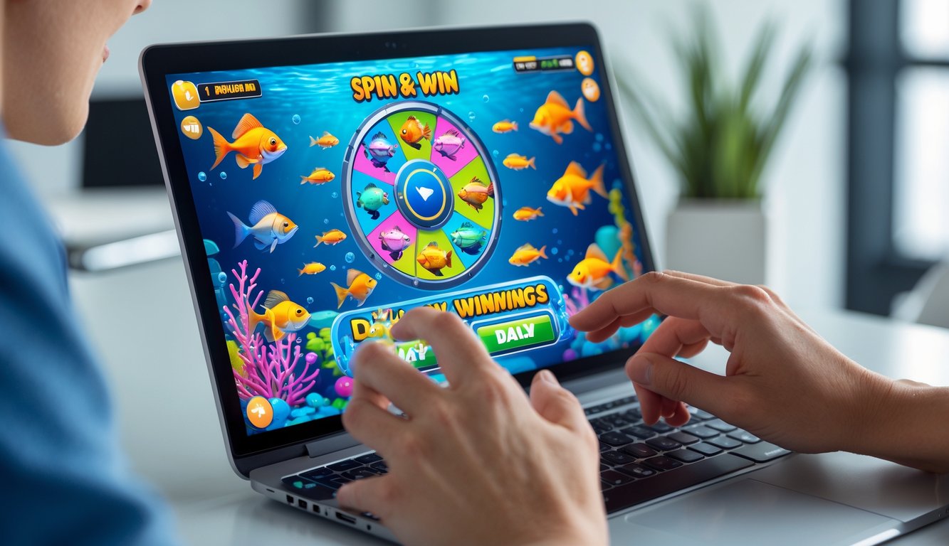 Seseorang sedang bermain permainan tembak ikan Spin & Win di layar komputer dengan latar ruang kerja modern.