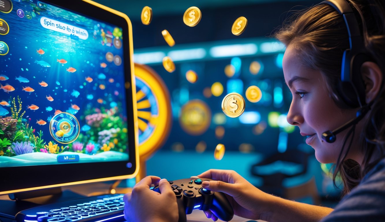 Seorang pemain muda sedang bermain game tembak ikan dengan layar menampilkan ikan berwarna-warni dan efek visual kemenangan di sebuah ruangan santai.