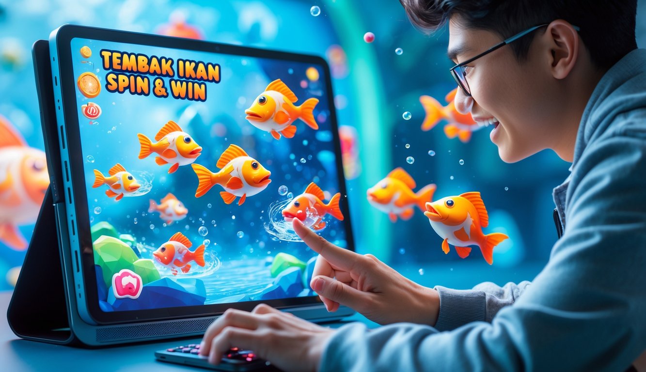 Seseorang sedang bermain game tembak ikan di perangkat digital dengan latar belakang tema bawah laut yang cerah dan berwarna-warni.