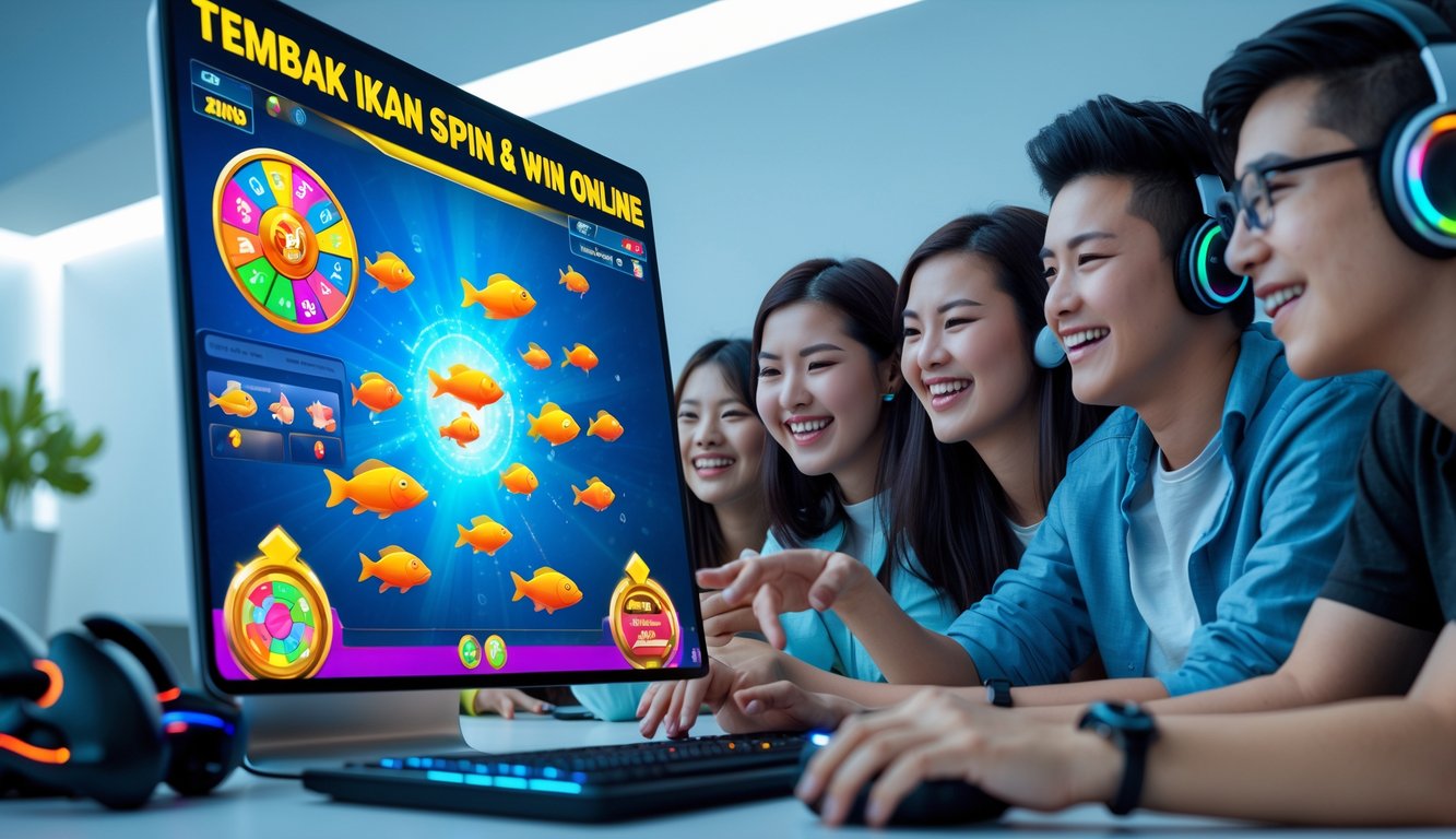 Sekelompok orang muda sedang bermain permainan tembak ikan dan roda putar di layar komputer dengan ekspresi fokus dan senang.