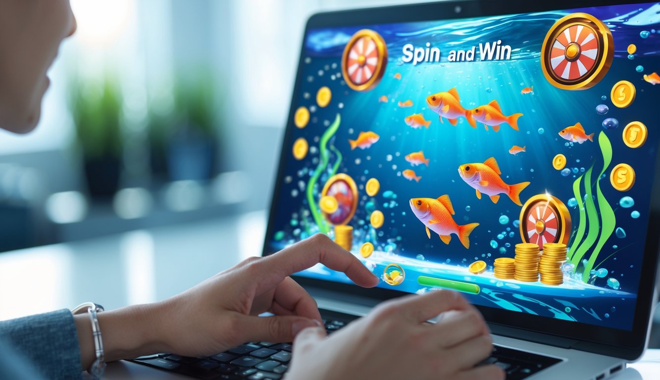 Seseorang menggunakan perangkat digital untuk bermain permainan tembak ikan dengan latar bawah laut penuh ikan berwarna-warni dan elemen permainan yang menarik.