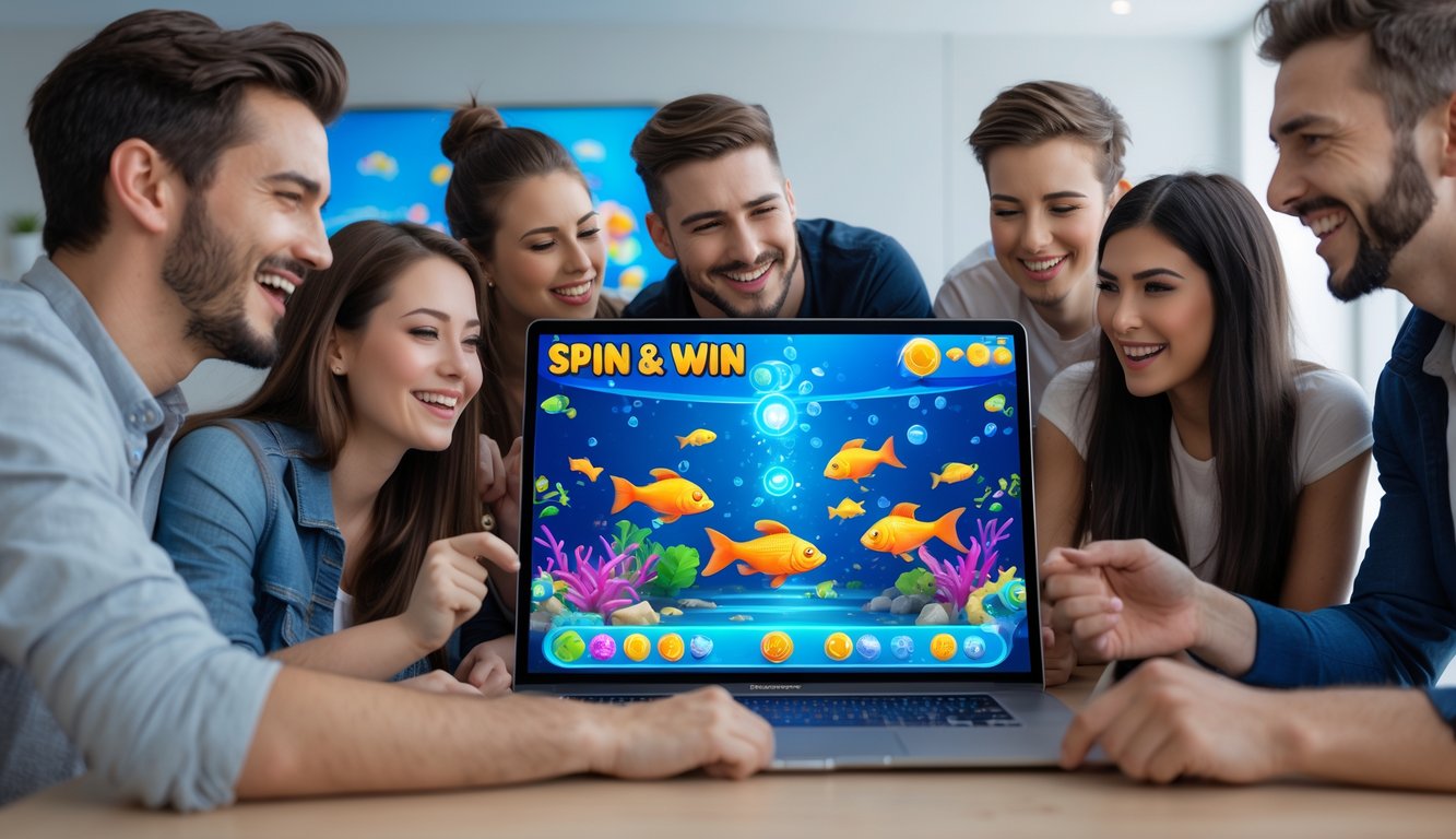 Beberapa orang muda sedang bermain permainan tembak ikan di komputer dengan ekspresi senang dan antusias.