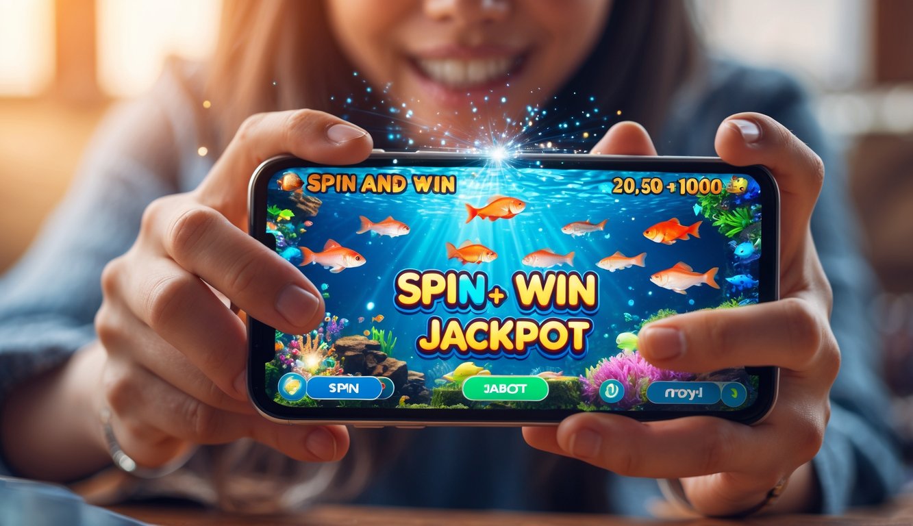 Seseorang memegang ponsel yang menampilkan permainan tembak ikan dengan grafik warna-warni dan simbol jackpot di layar.