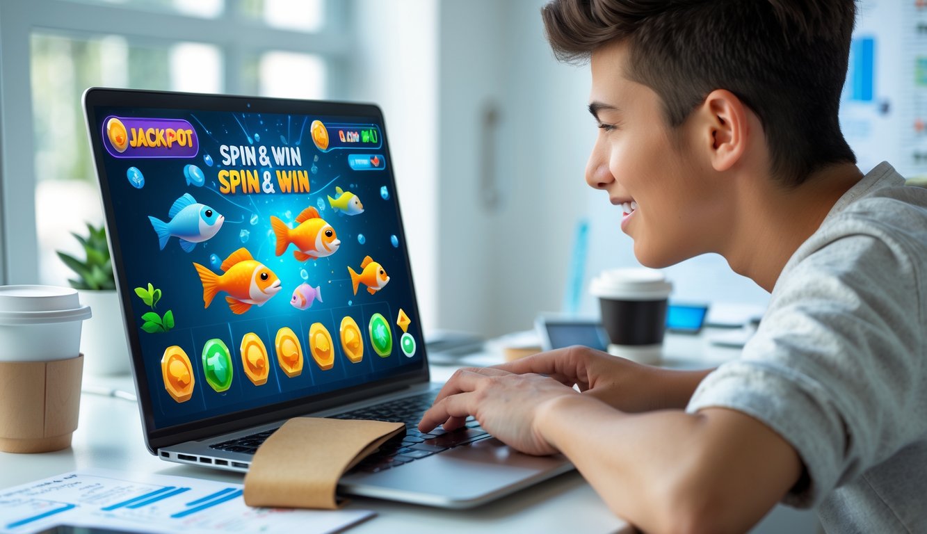 Seseorang sedang bermain game tembak ikan Spin & Win di laptop di ruang kerja yang terang dan rapi.