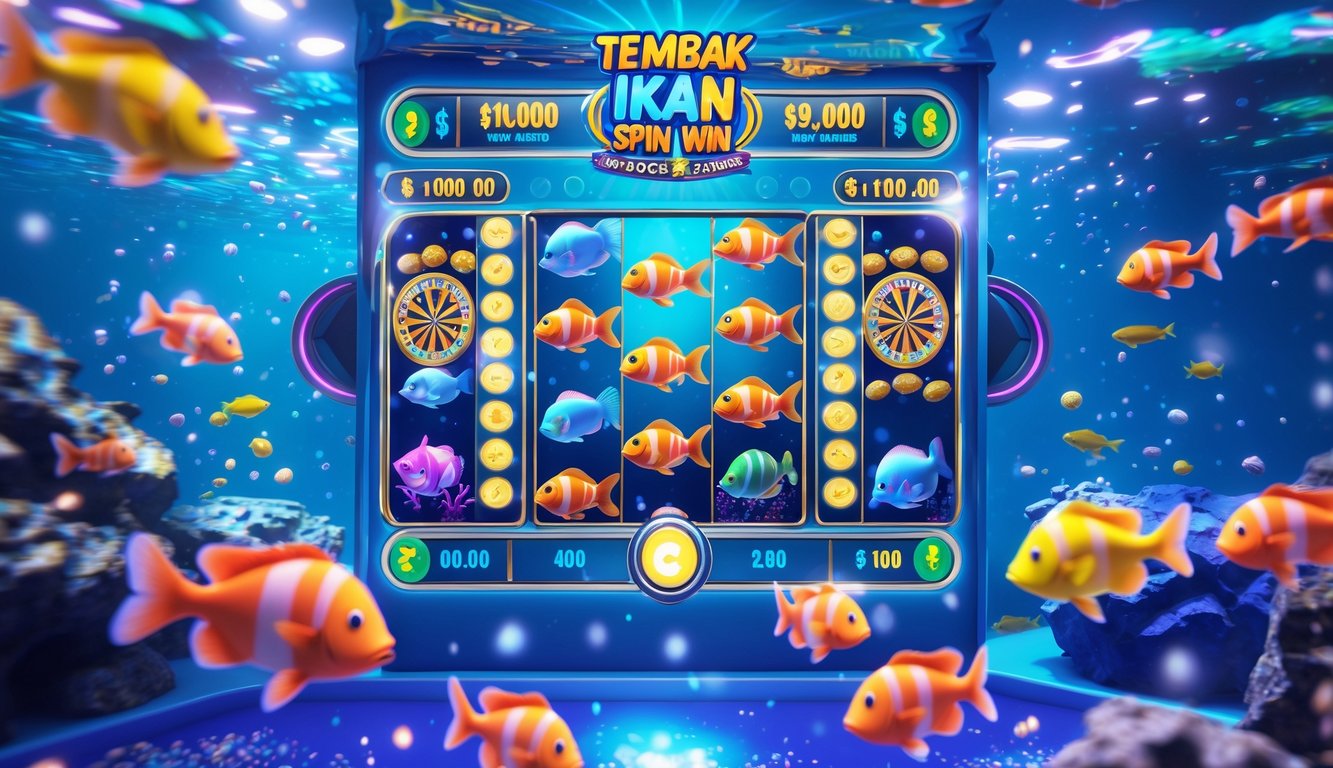 Adegan permainan ikan yang berwarna-warni di bawah laut dengan roda putar dan ikan yang berenang di latar biru cerah.