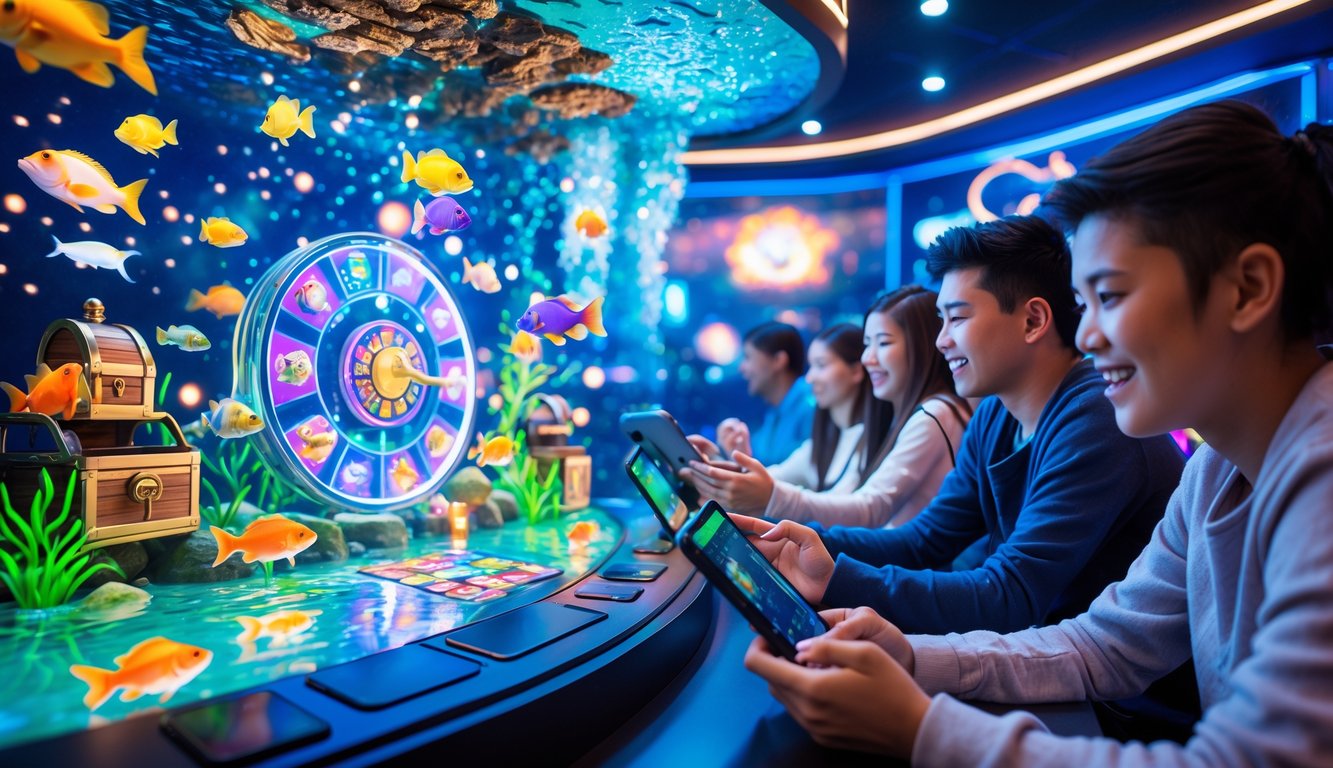 Beberapa orang bermain game tembak ikan dengan latar belakang akuarium digital berwarna-warni yang penuh ikan dan roda hadiah berputar.