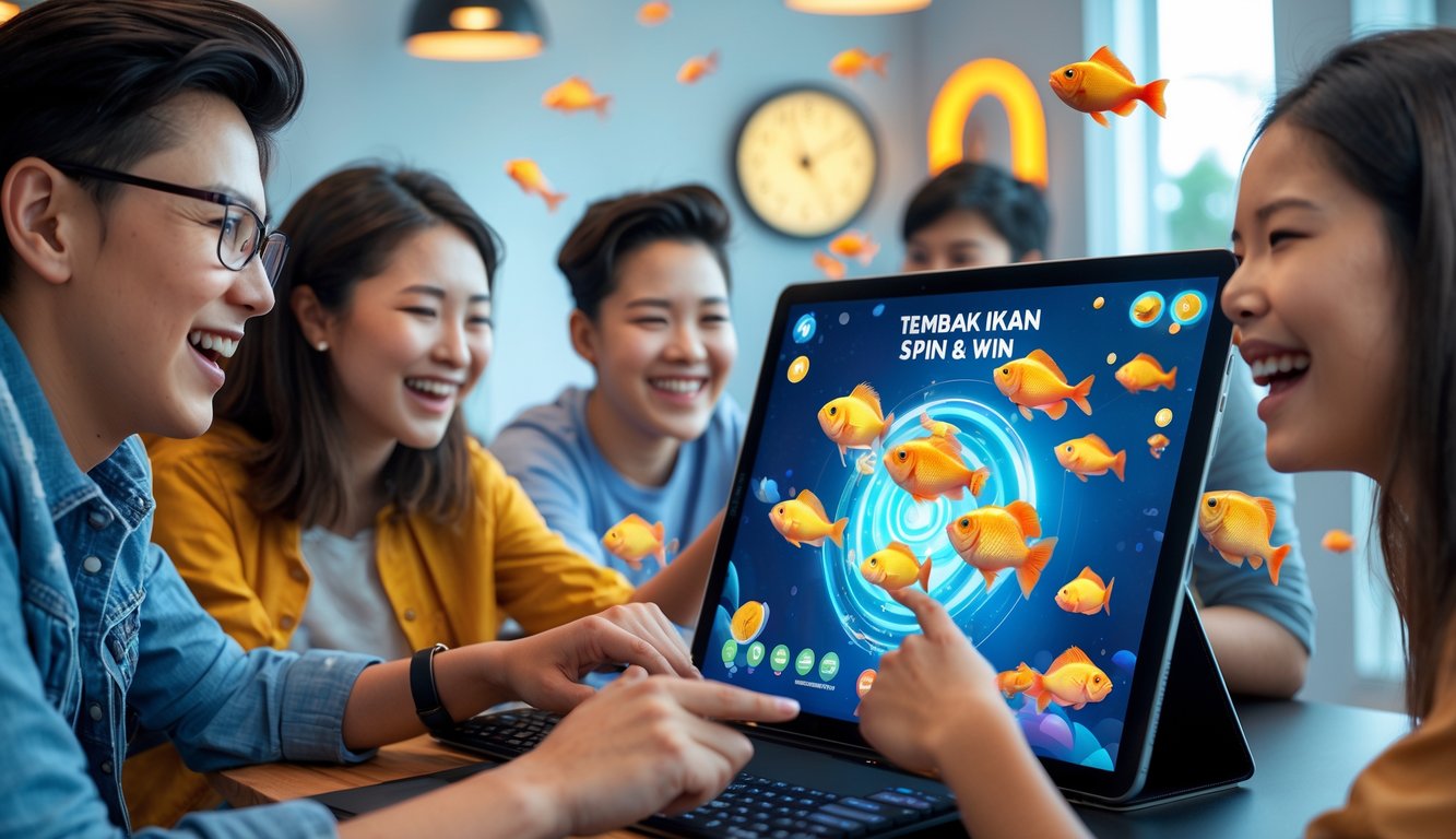 Orang-orang bermain game memancing digital dengan layar penuh warna dan animasi ikan di ruangan terang.