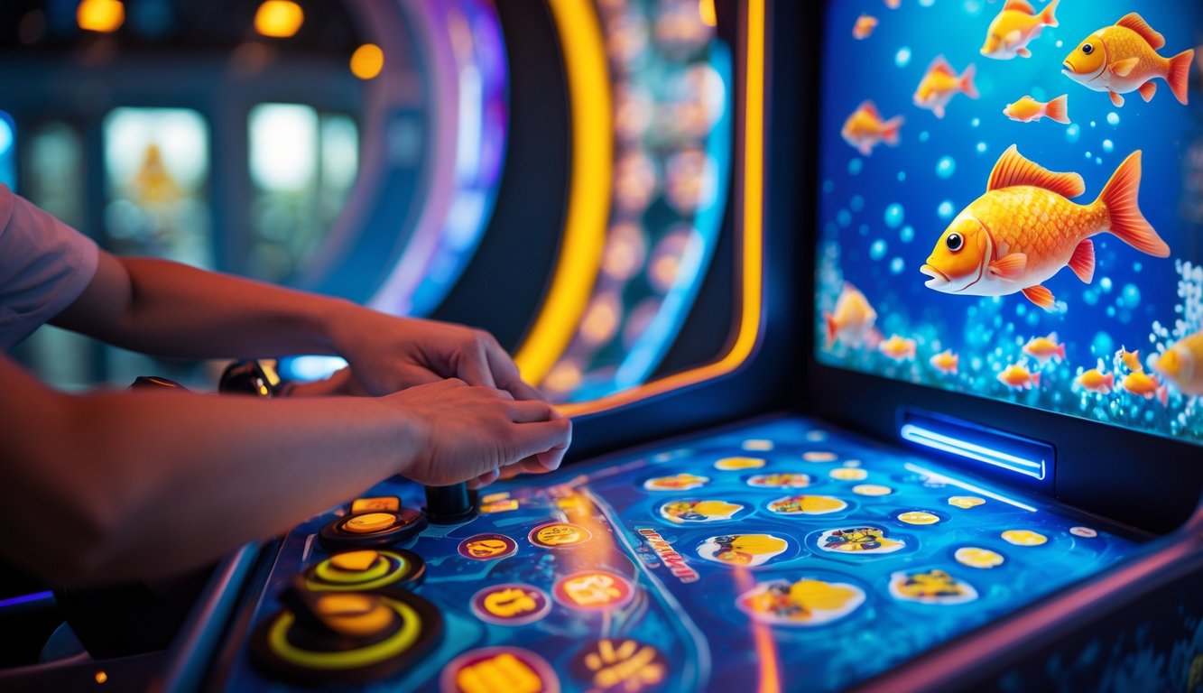 Seseorang sedang bermain mesin permainan tembak ikan spin dan win dengan latar belakang lampu warna-warni.