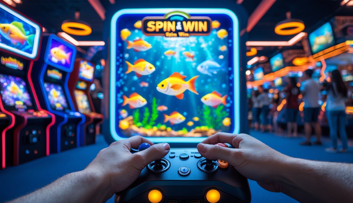 Tangan sedang mengoperasikan mesin permainan tembak ikan dengan layar warna-warni dan suasana arcade yang ramai.