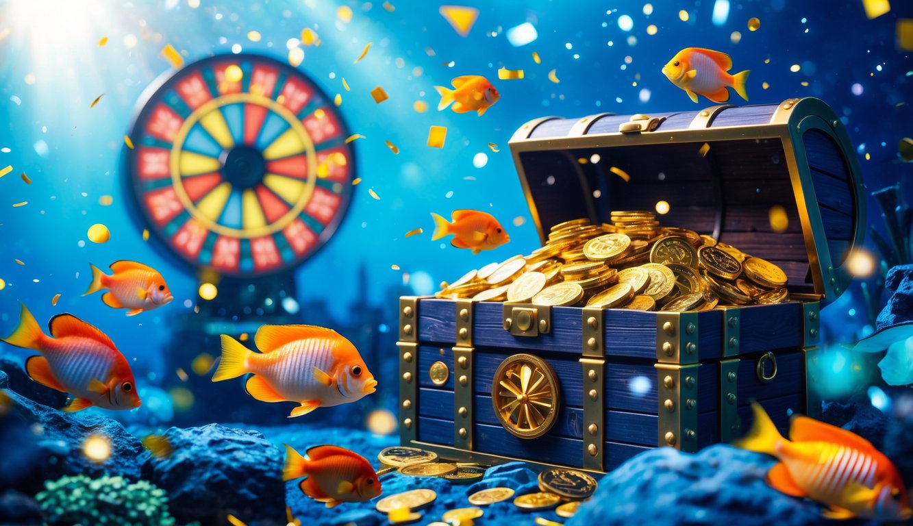 Pemandangan bawah laut dengan ikan tropis berwarna-warni berenang di sekitar peti harta karun penuh koin emas dan permata berkilau.
