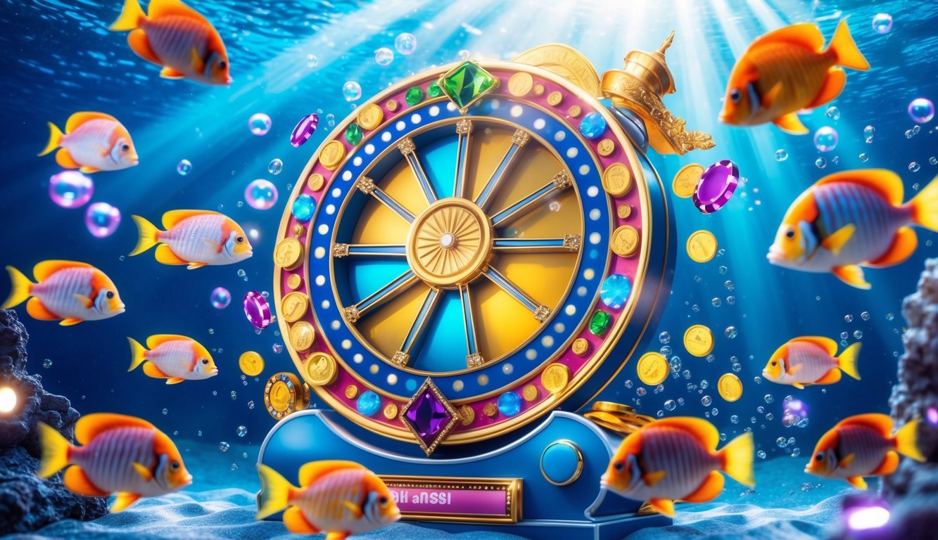 Laut biru dengan ikan tropis berwarna-warni berenang di sekitar roda putar besar yang dihiasi dengan koin dan permata.