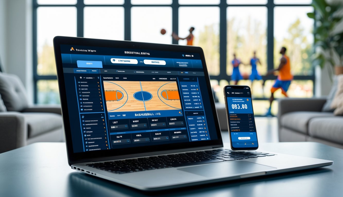 Seseorang menggunakan laptop dan ponsel untuk bertaruh bola basket online di ruang tamu yang terang dengan lapangan bola basket terlihat di latar belakang.