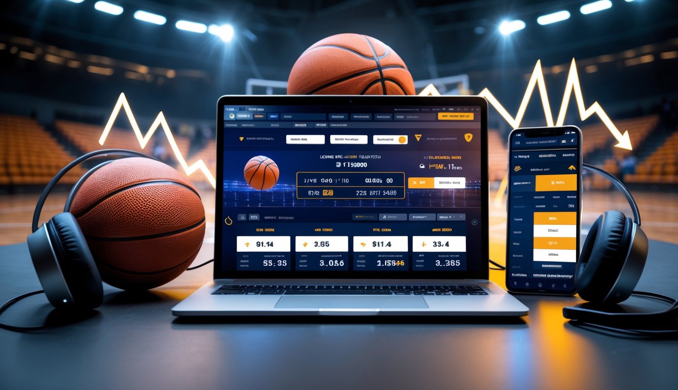 Seorang pria menggunakan laptop dengan tampilan situs judi basket online, dikelilingi bola basket dan perangkat elektronik di meja kerja.
