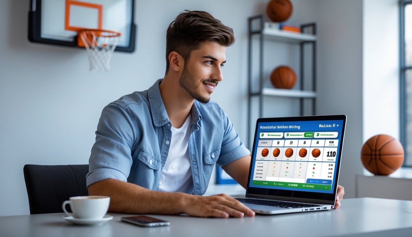 Seorang pria muda duduk di meja dengan laptop, fokus melihat statistik dan peluang taruhan bola basket, di ruangan dengan bola basket dan ring di latar belakang.