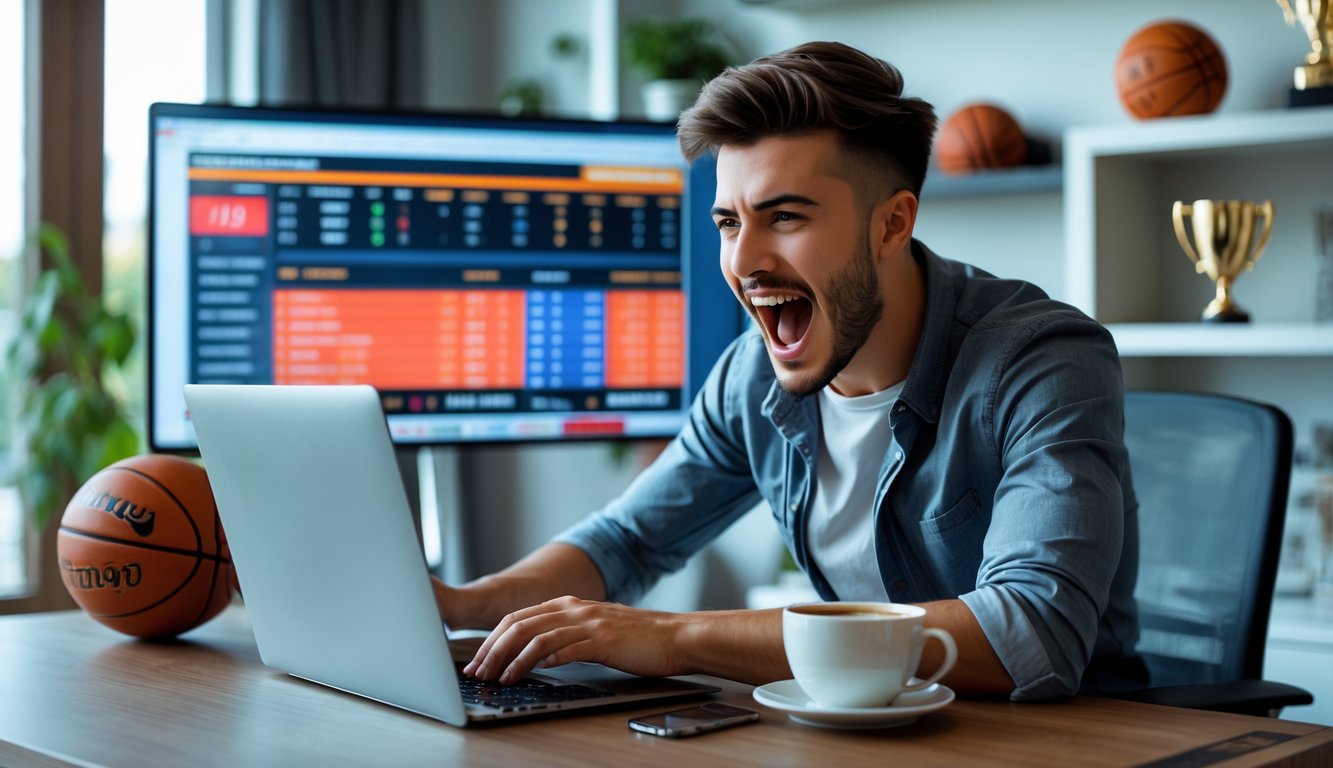 Seorang pria muda duduk di meja dengan laptop, fokus pada taruhan basket online dengan layar besar menampilkan statistik pertandingan basket di latar belakang.