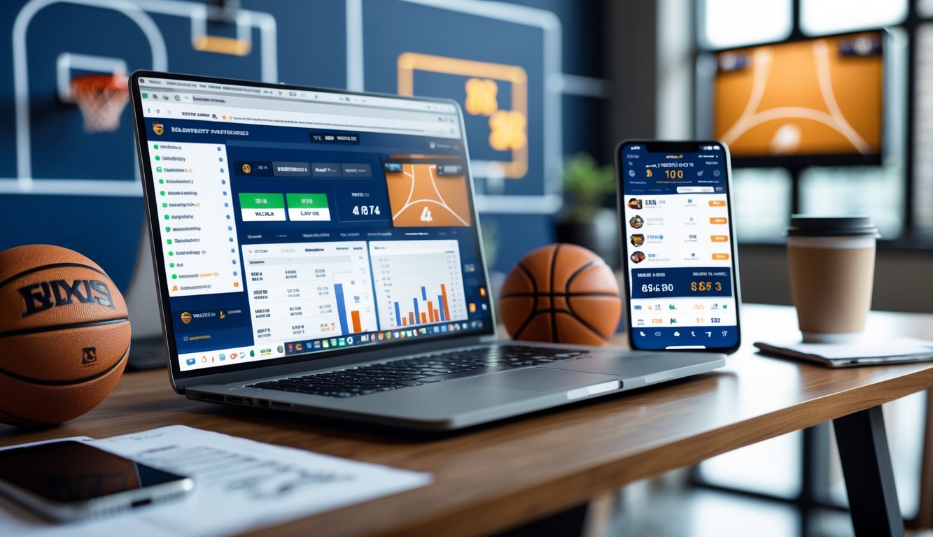 Meja kerja dengan laptop menampilkan situs taruhan bola basket, smartphone dengan pembaruan pertandingan bola basket, dan beberapa barang bertema bola basket.