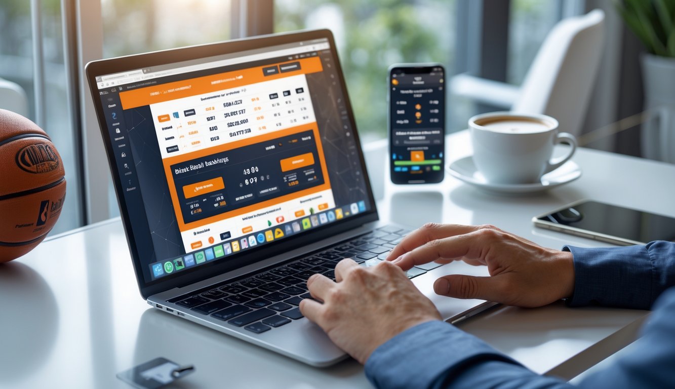Seorang pengguna sedang menggunakan laptop dan ponsel untuk memasang taruhan basket online di meja kerja dengan bola basket dan secangkir kopi di sampingnya.