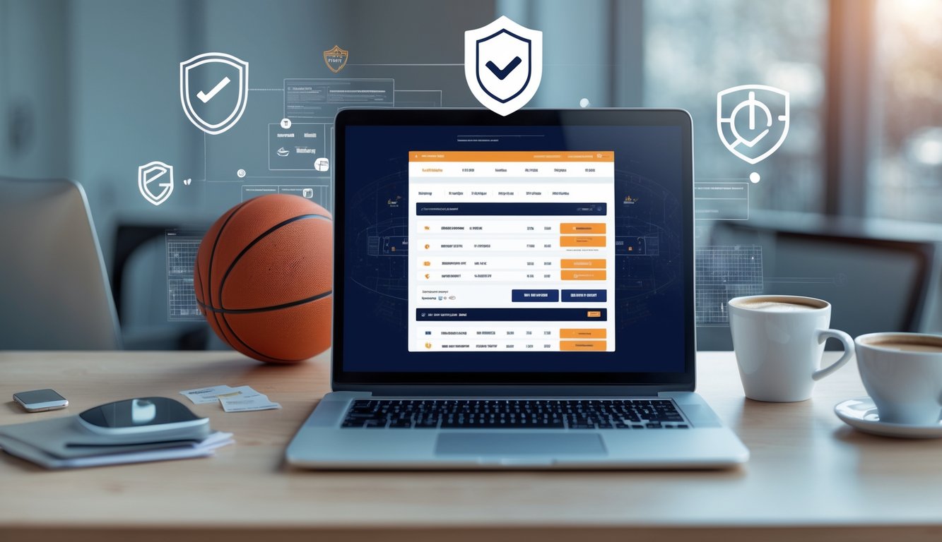 Seorang pengguna sedang menggunakan laptop dengan tampilan situs judi basket online yang aman, di meja terdapat bola basket dan secangkir kopi.