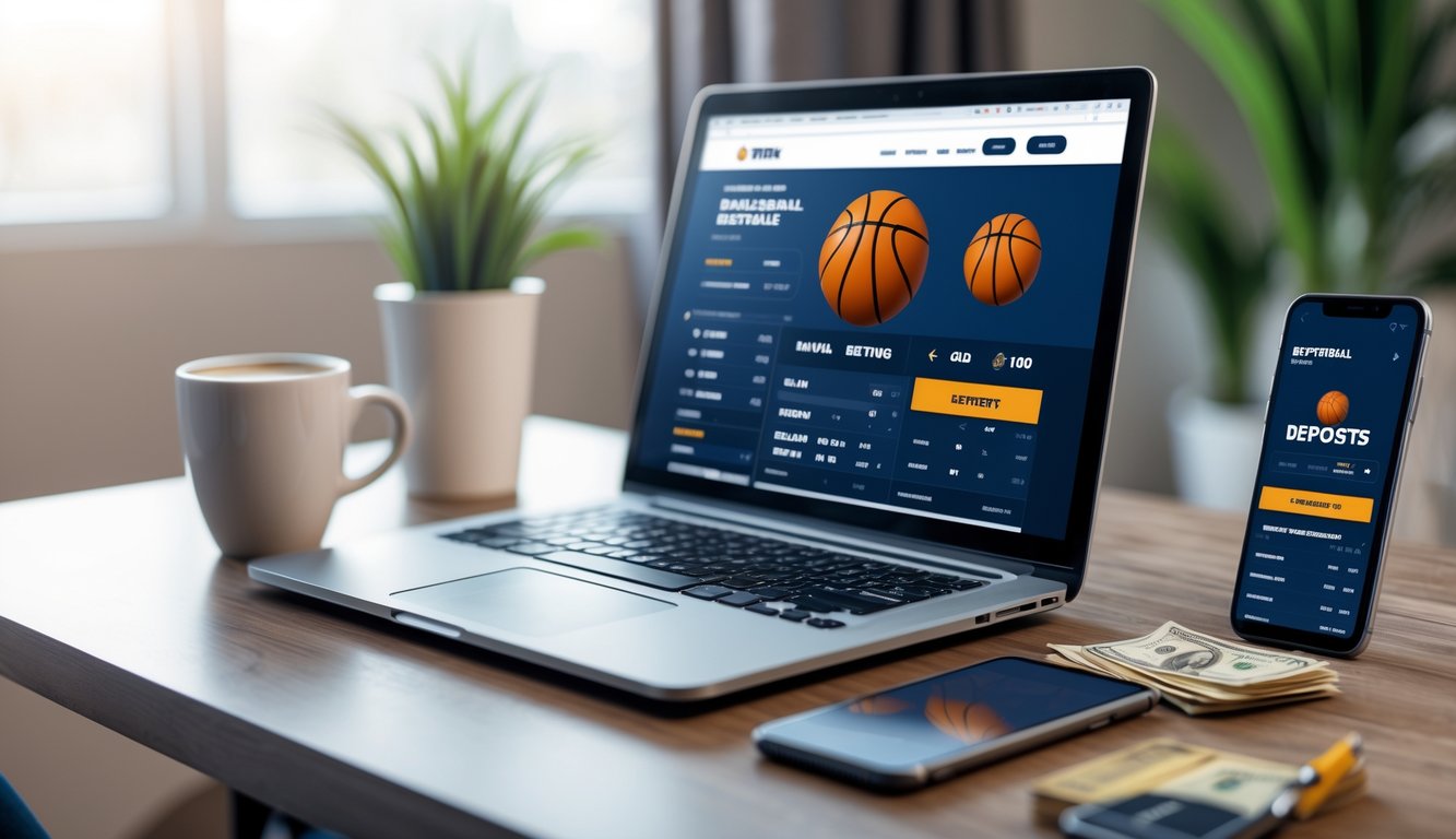 Meja kerja modern dengan laptop dan ponsel menampilkan situs judi basket online, dilengkapi kopi, catatan, dan uang di atas meja.