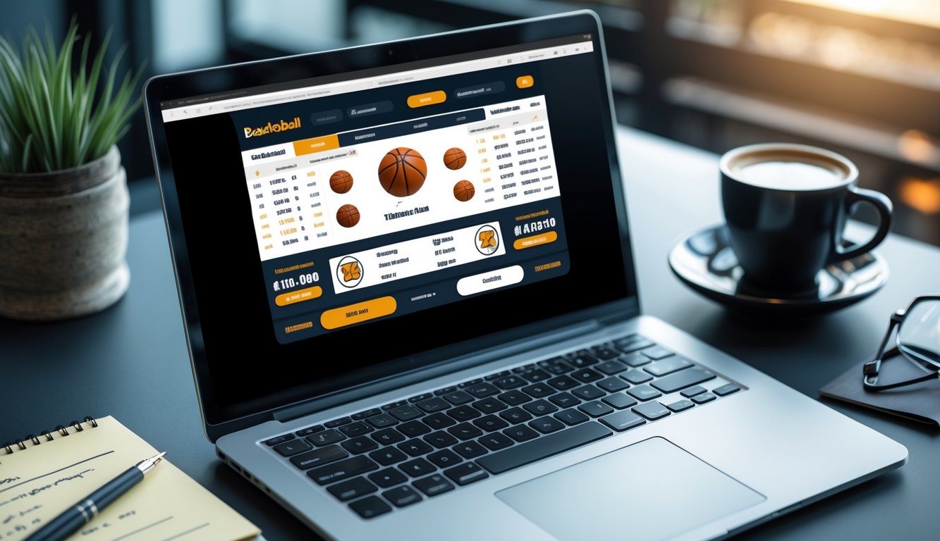 Seorang pria menggunakan laptop dan ponsel di meja kerja dengan tampilan situs judi bola basket online, dikelilingi alat tulis dan kopi.