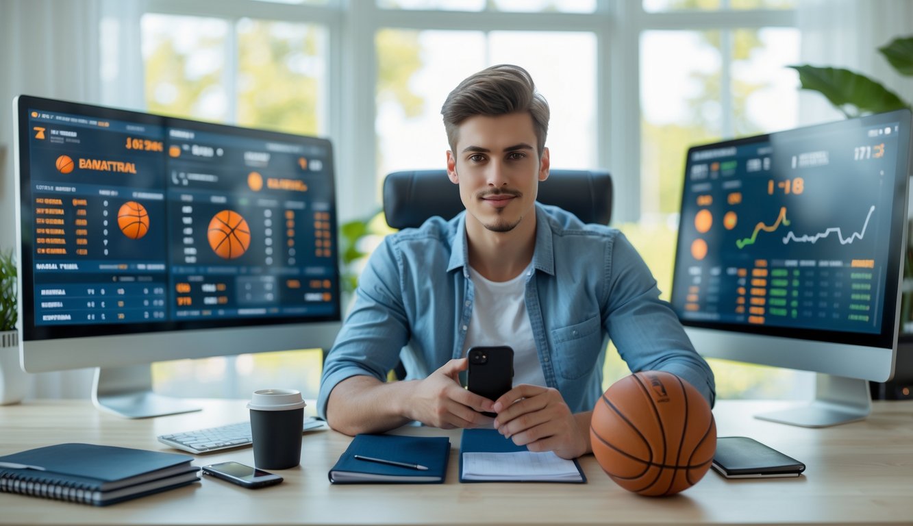 Seorang pria muda sedang duduk di meja dengan beberapa layar komputer yang menampilkan statistik dan peluang taruhan bola basket, tampak fokus dan bekerja di kantor rumah yang terang.