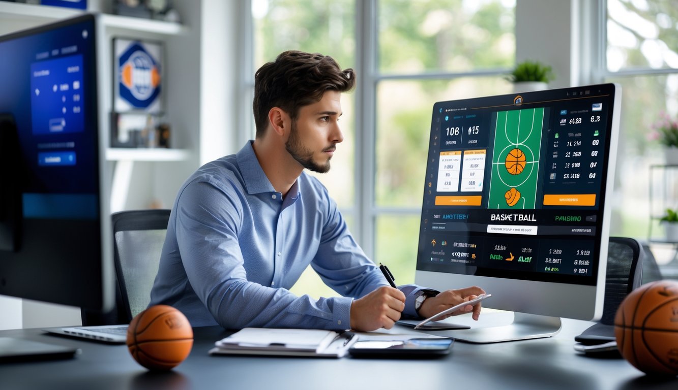 Seorang pria muda duduk di meja kerja dengan beberapa perangkat digital yang menampilkan statistik dan skor pertandingan bola basket, sedang menganalisis data dengan serius.