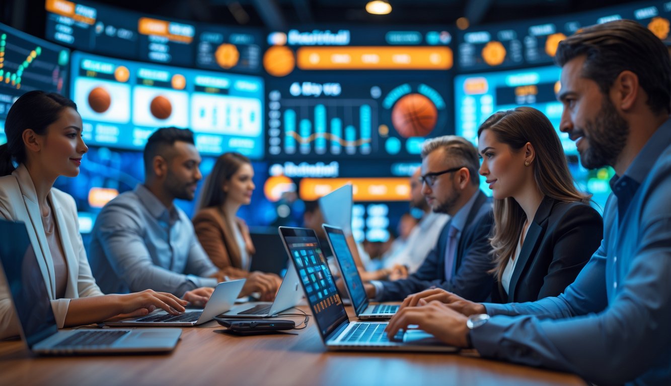 Orang-orang sedang menggunakan komputer dan ponsel untuk memasang taruhan bola basket secara online dengan tampilan pertandingan langsung di layar.