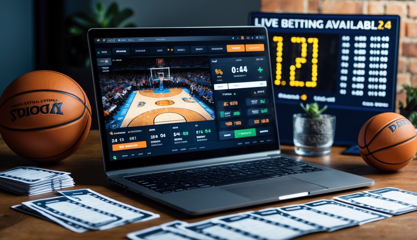 Meja kerja dengan laptop yang menampilkan pertandingan basket langsung dan peluang taruhan, dikelilingi bola basket dan papan skor, menunjukkan taruhan basket online 24 jam.