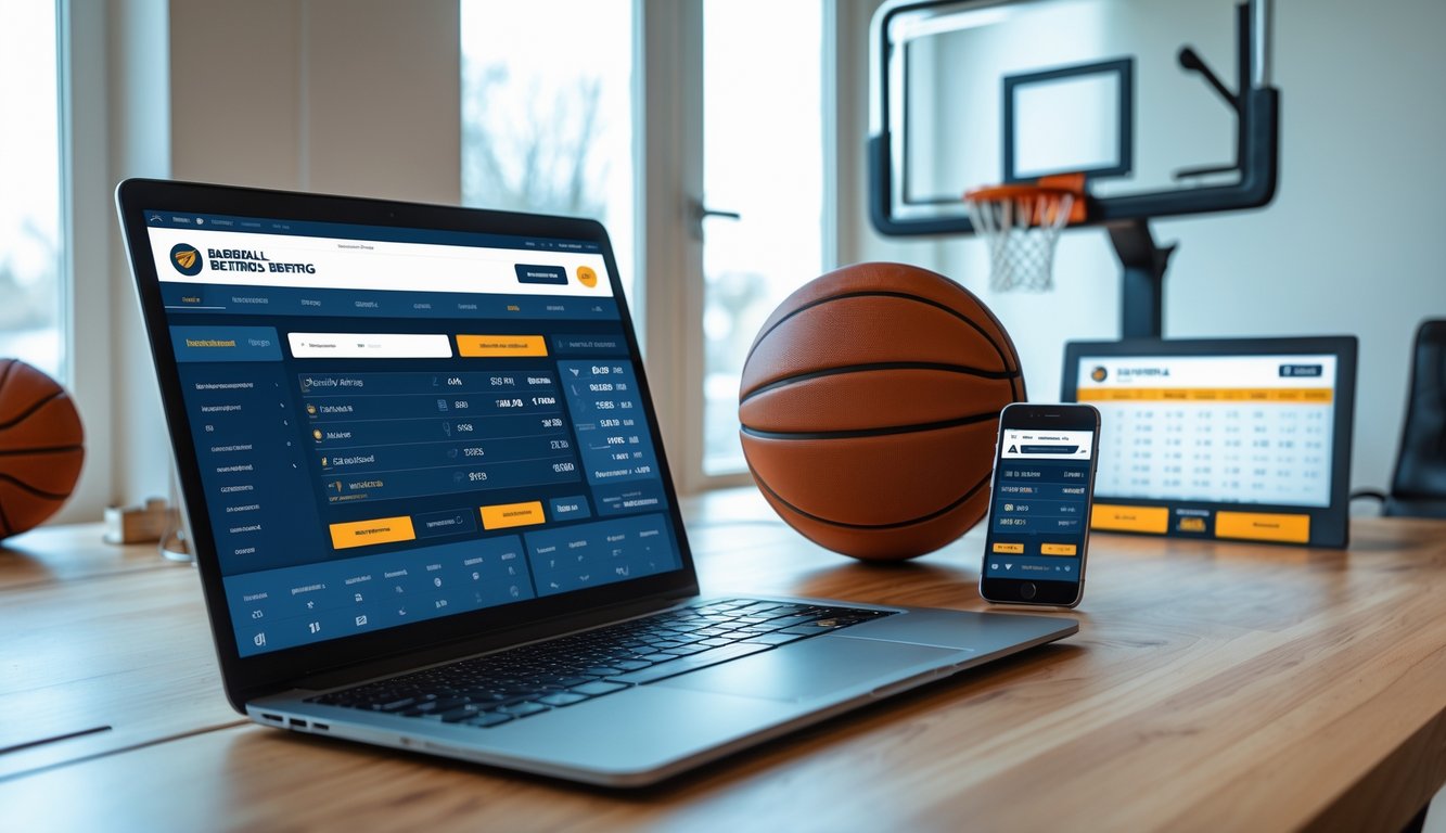 Meja kerja dengan laptop dan ponsel yang menampilkan situs taruhan bola basket, di samping bola basket dan papan skor.