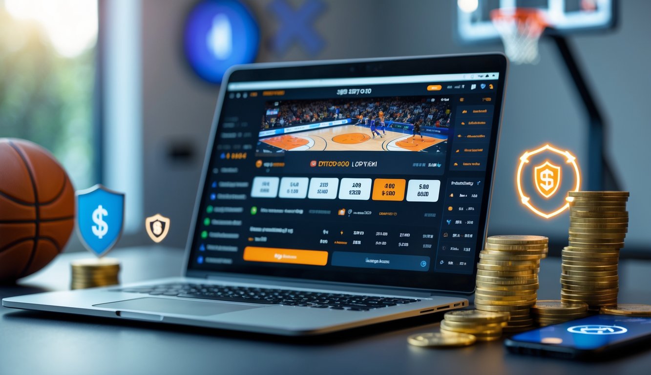 Seorang pengguna sedang melihat pertandingan bola basket dan peluang taruhan di laptop dengan latar belakang bola basket dan elemen yang menunjukkan keamanan dan keuntungan.