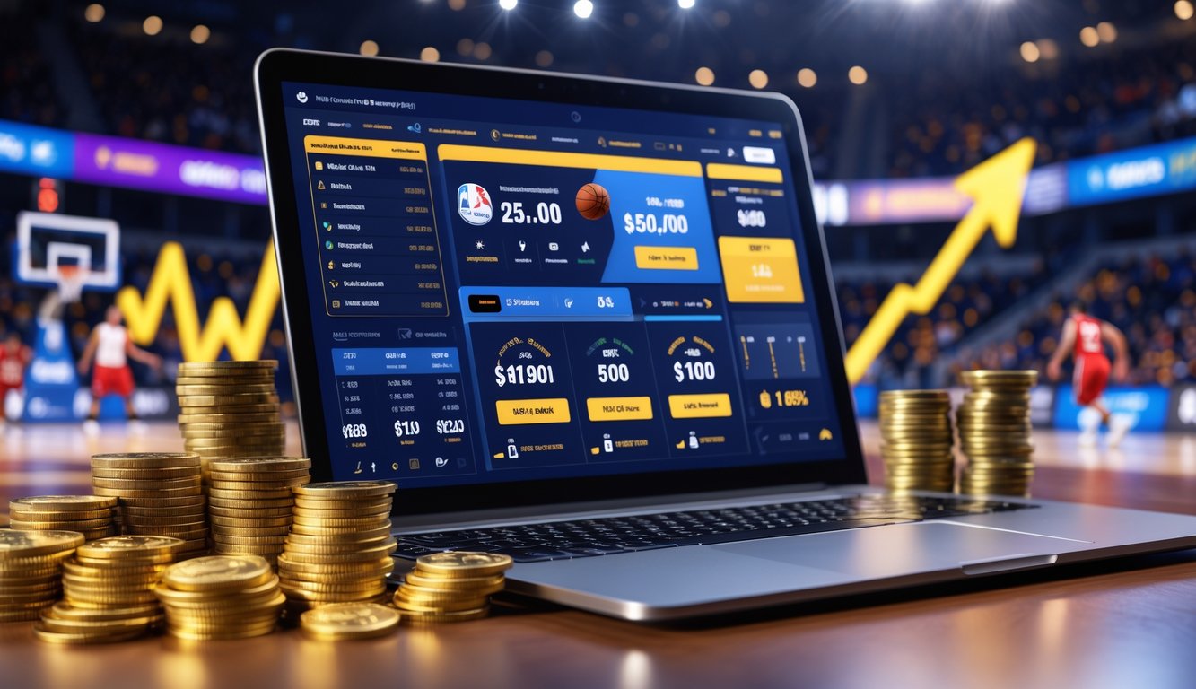 Seorang pengguna melihat layar perangkat dengan tampilan taruhan bola basket online dan simbol uang serta grafik keuntungan di latar belakang lapangan basket.