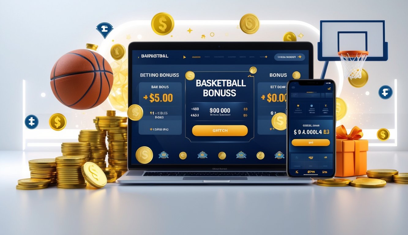 Beberapa perangkat digital menampilkan taruhan bola basket online dengan simbol bola basket, uang, dan hadiah di latar belakang bersih dan terang.