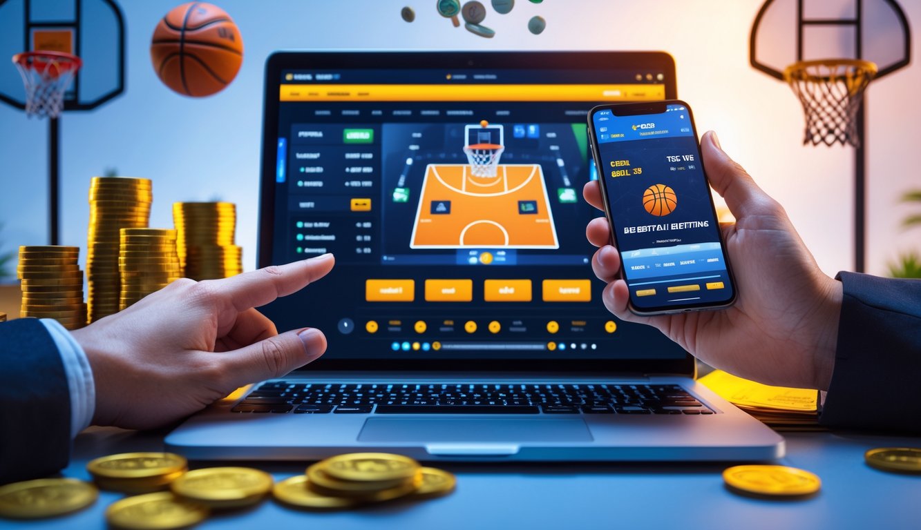 Seseorang menggunakan laptop dan ponsel untuk memasang taruhan judi basket online dengan tumpukan uang dan koin di sekitar meja.
