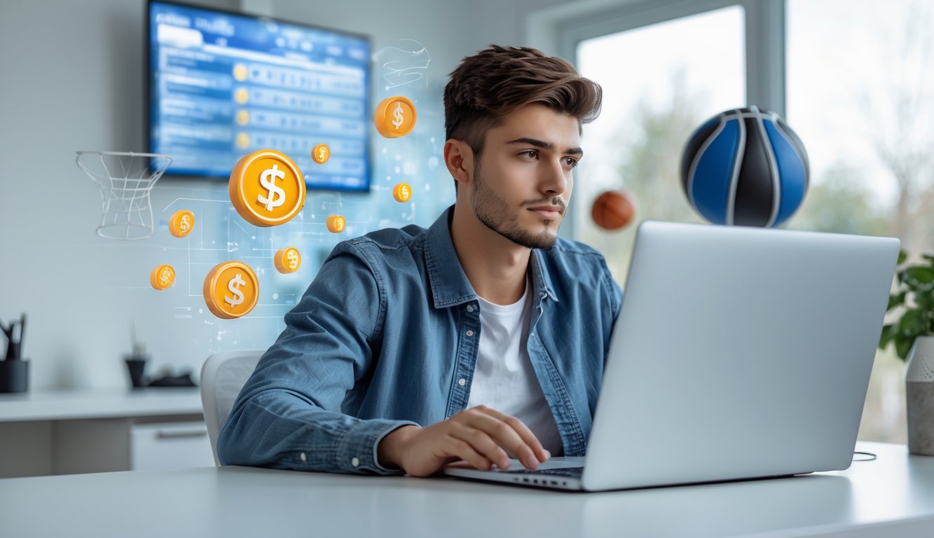 Seorang pria muda fokus menggunakan laptop di meja dengan latar belakang bola basket dan simbol kemenangan.