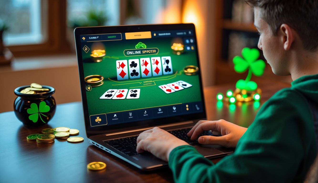 Seorang pemain muda sedang bermain poker online di laptop dengan dekorasi bertema Irlandia di meja kayu.