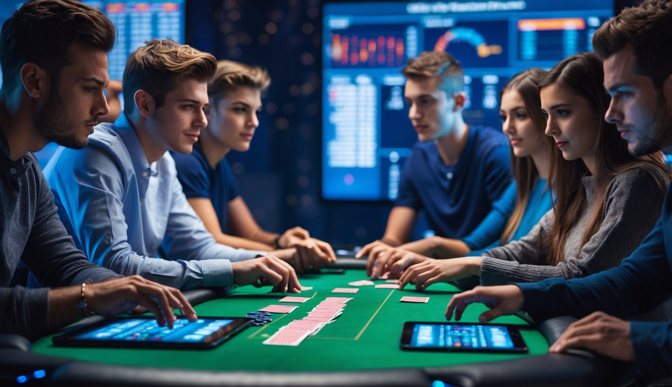 Sekelompok orang muda bermain poker online dengan perangkat digital di meja modern, terlihat fokus dan serius dalam permainan.