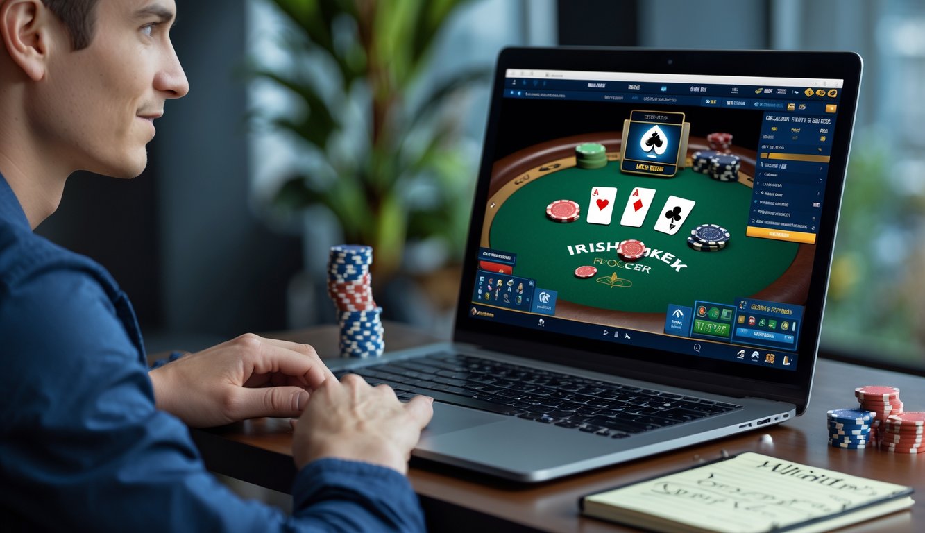 Seorang pemain muda sedang bermain poker online di depan komputer dengan tumpukan chip kecil dan suasana ruangan yang terang.