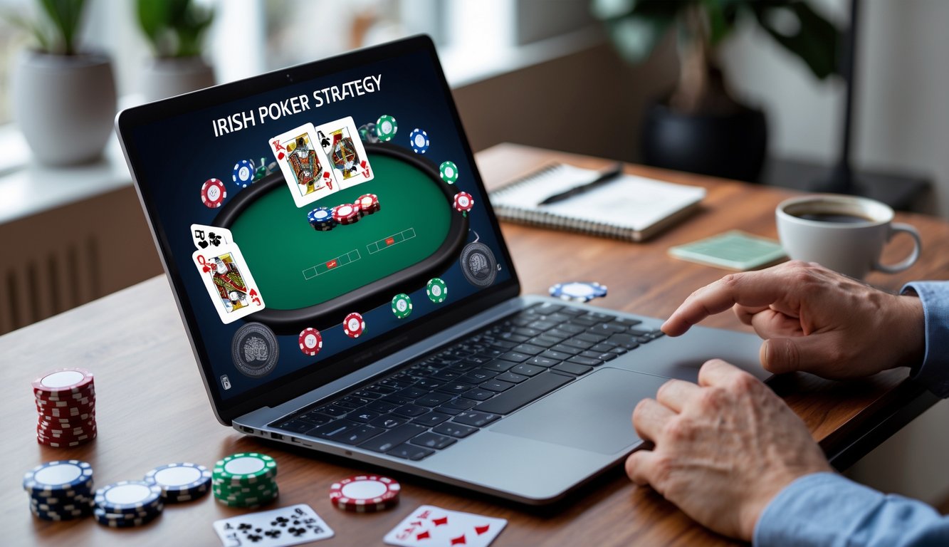 Seseorang bermain poker online di laptop dengan tumpukan chip dan kartu di meja kayu dalam ruangan kerja yang nyaman.