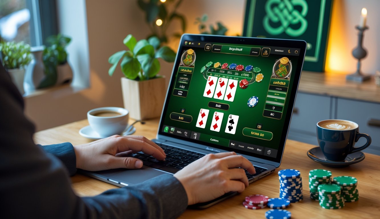 Seseorang bermain poker online di laptop dengan tumpukan chip dan dekorasi bertema Irlandia di ruang tamu yang nyaman.