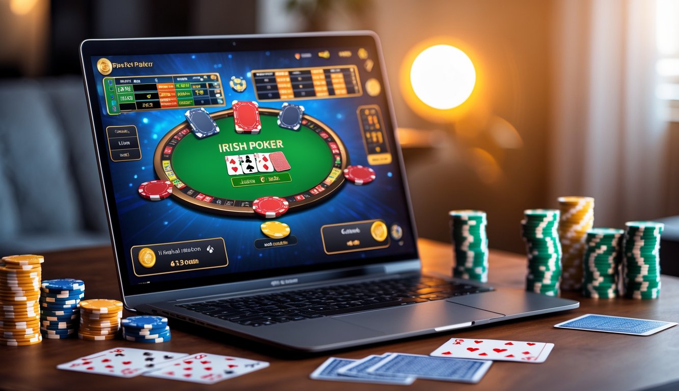 Sebuah meja dengan komputer menampilkan permainan poker online, chip poker dan kartu tersebar di sekitar, dengan suasana ruang bermain yang hangat dan fokus.