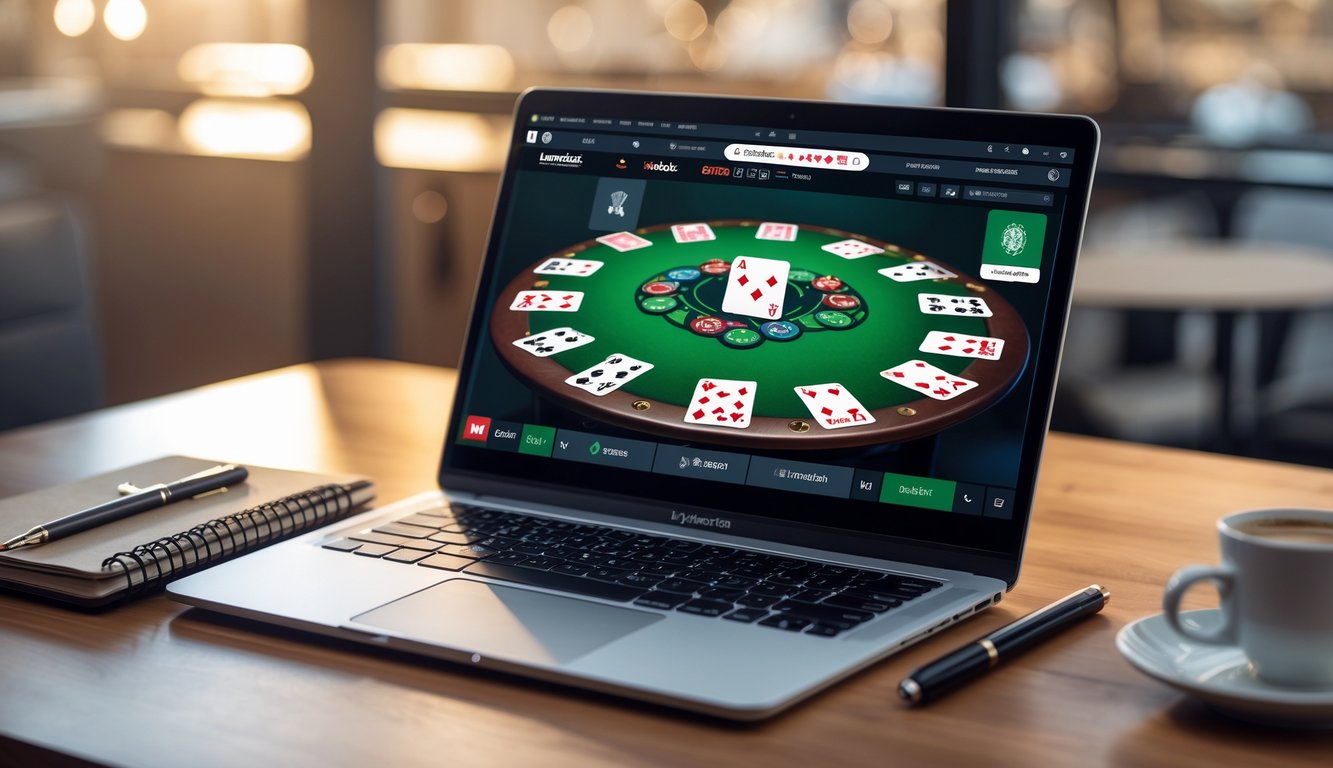 Seorang pemain duduk di depan laptop dengan permainan poker online di layar, di meja terdapat catatan dan cangkir kopi.