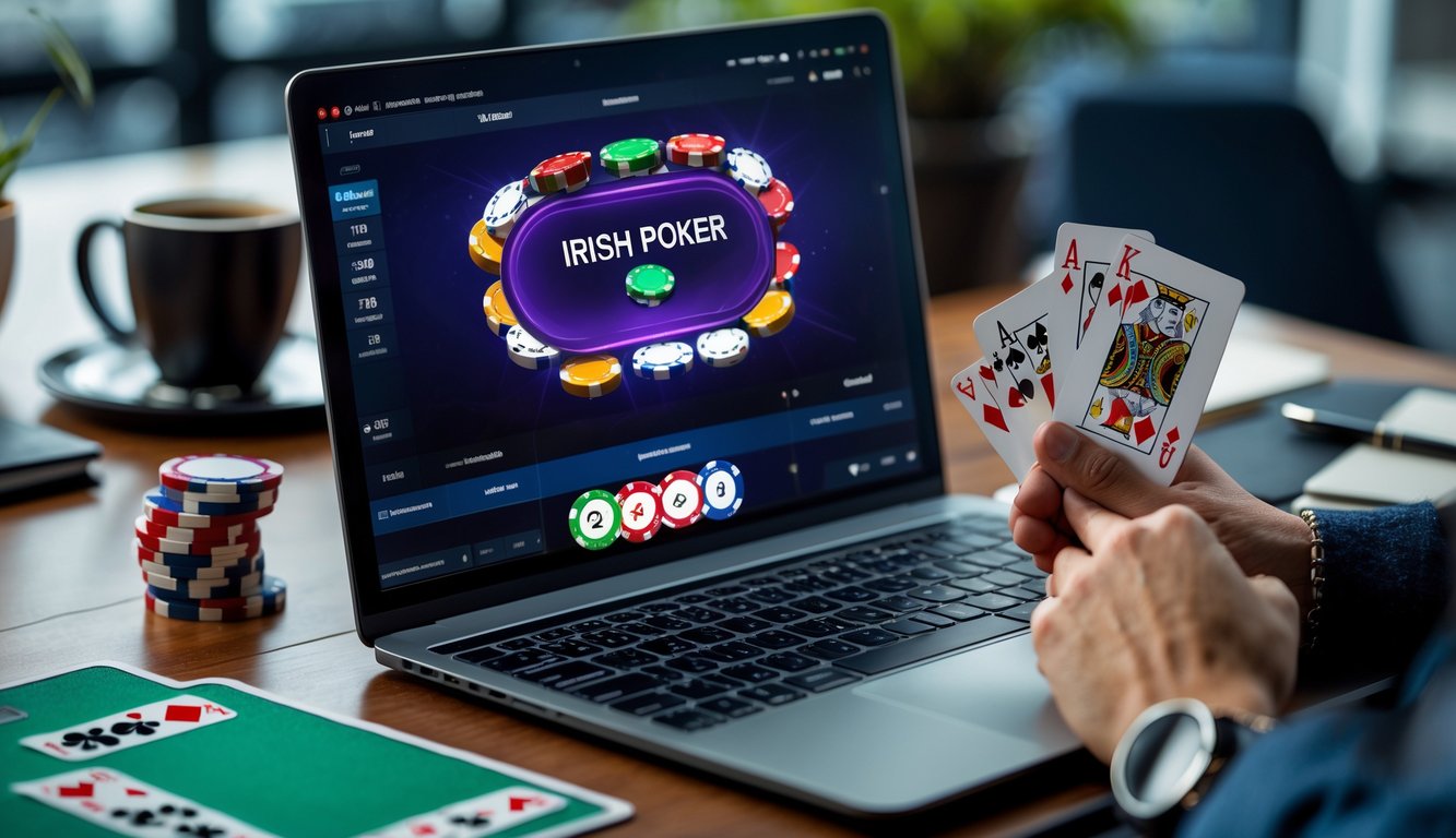 Meja kerja dengan laptop menampilkan permainan Irish Poker online, tumpukan chip poker, dan tangan yang memegang kartu bermain.