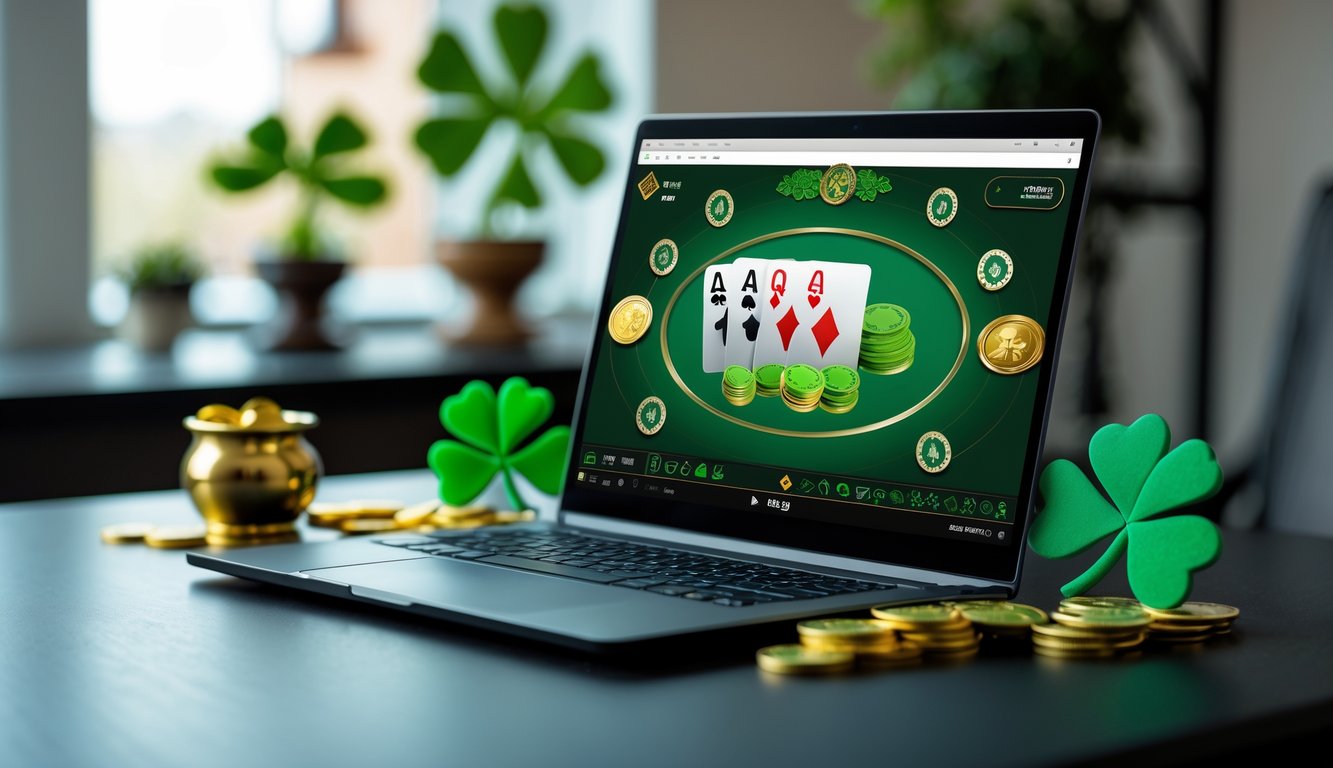 Sebuah laptop di atas meja kayu menampilkan permainan poker online dengan dekorasi tema Irlandia di sekitar, termasuk koin emas dan daun semanggi.