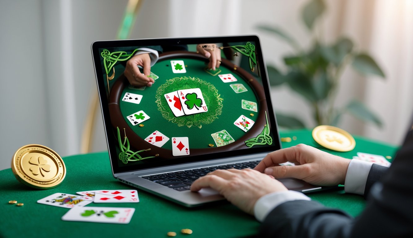 Sebuah laptop menampilkan permainan poker online dengan kartu bertema Irlandia di meja hijau, suasana tenang dan profesional.
