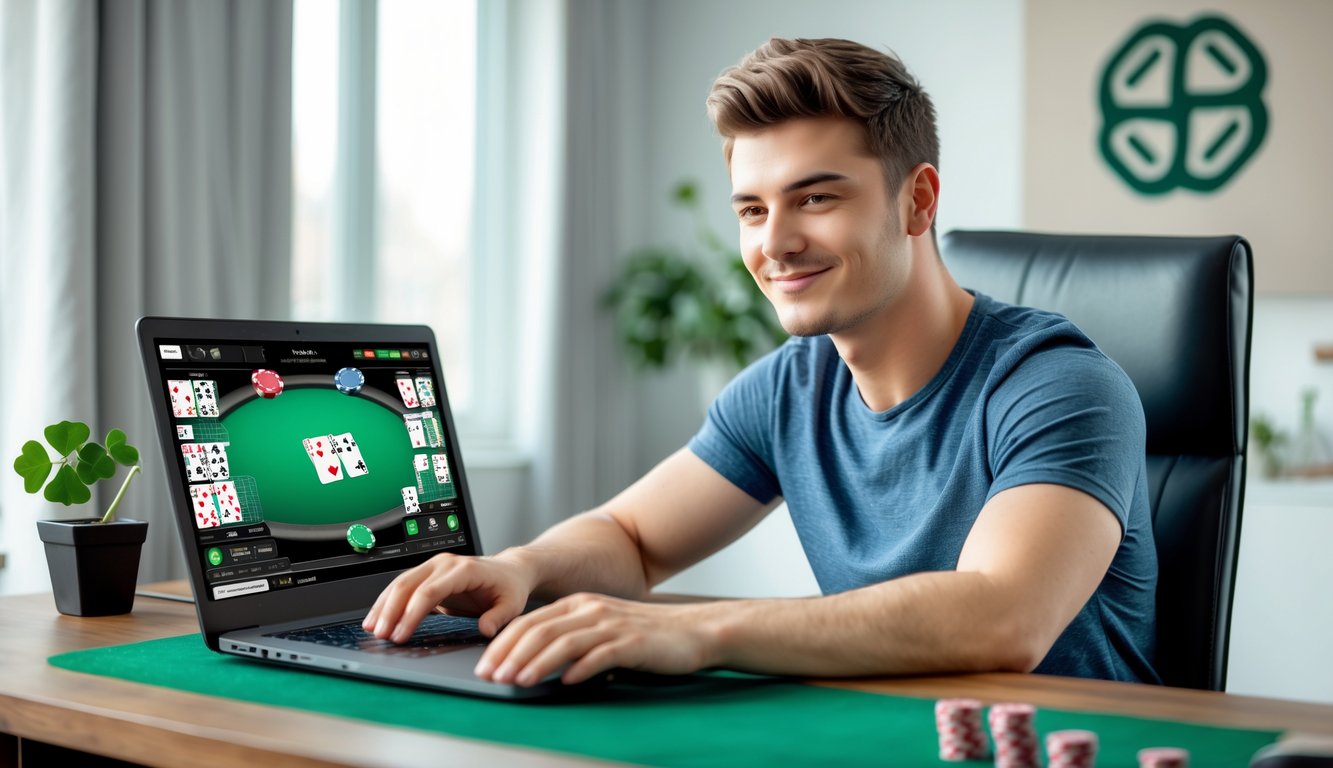 Seorang pria muda duduk di meja dengan laptop, bermain poker online dengan suasana ruangan yang terang dan dekorasi bertema Irlandia.