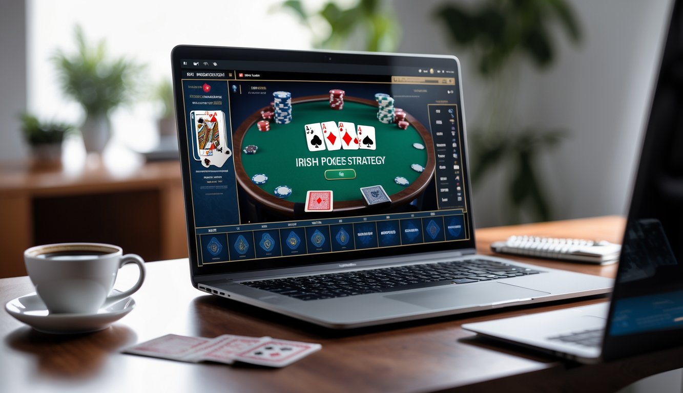 Meja kerja dengan laptop yang menampilkan permainan poker online, tumpukan chip poker, catatan strategi, dan secangkir kopi.