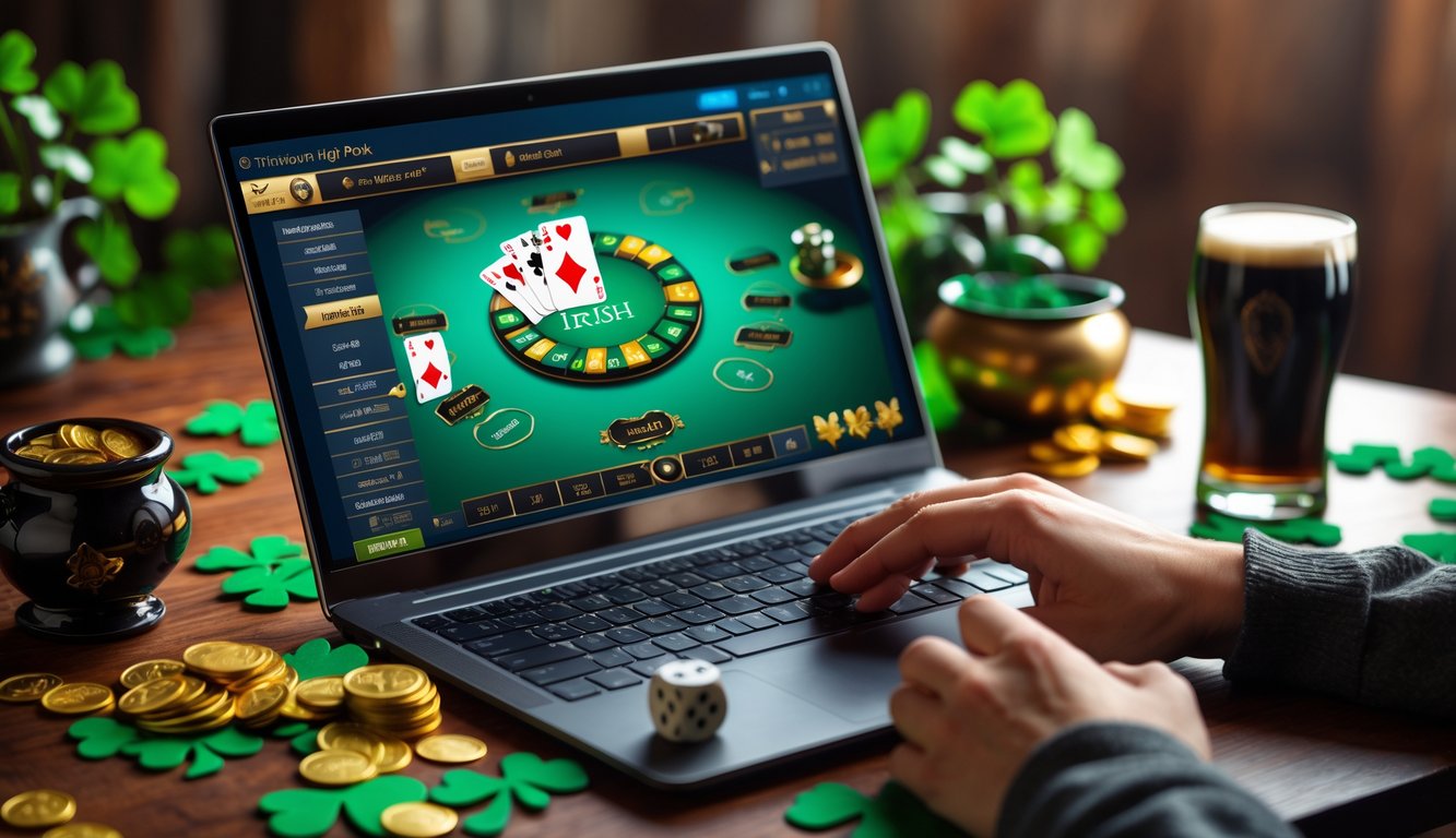 Seorang pemain poker online dengan laptop yang menampilkan permainan kartu, dikelilingi oleh elemen bertema Irlandia seperti shamrock dan koin emas di atas meja kayu.