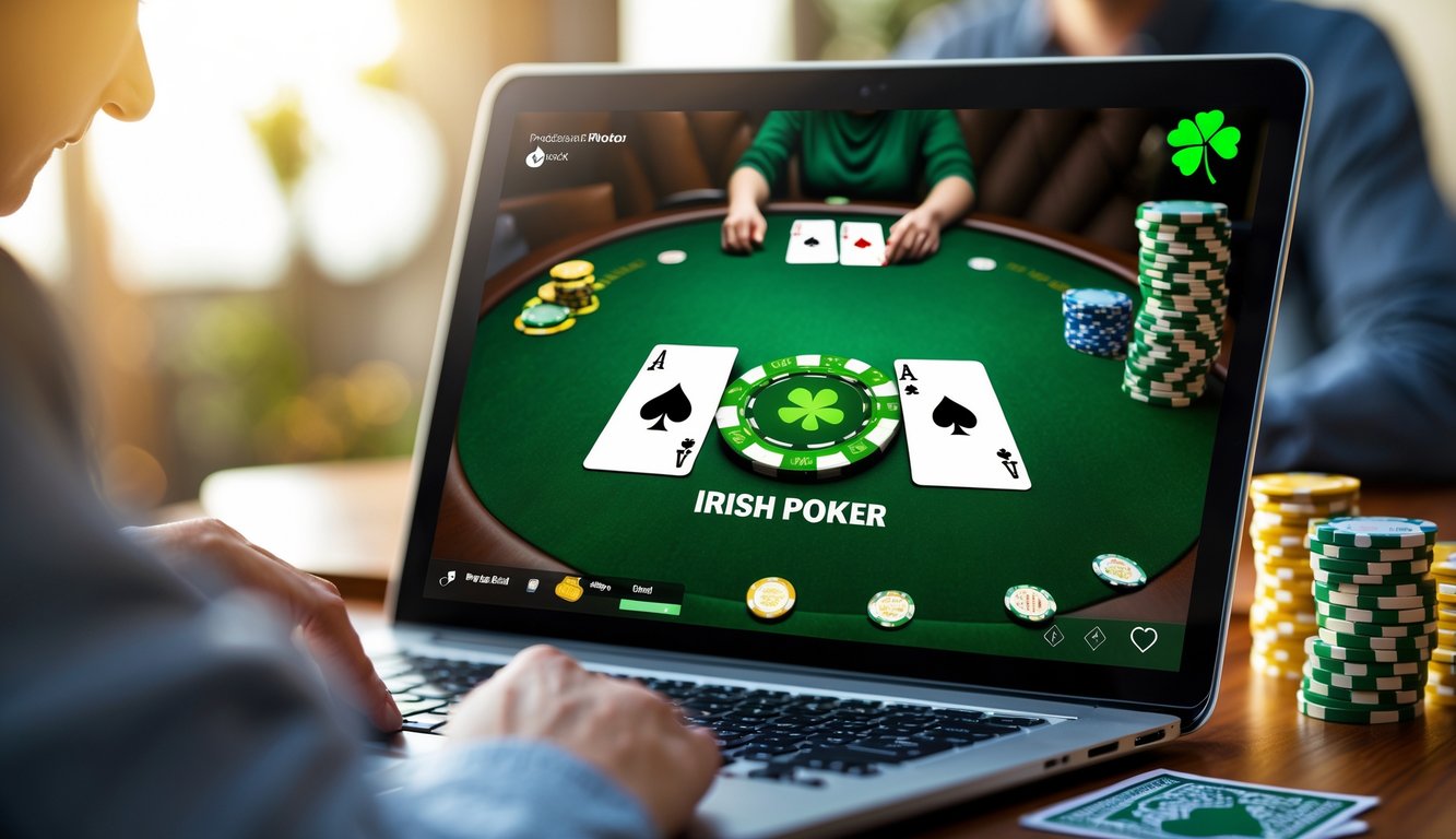 Seorang pemain sedang bermain poker online dengan tampilan kartu dan chip di layar perangkat digital.