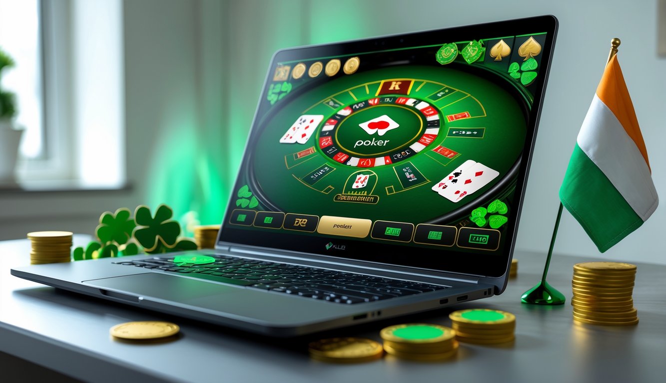Sebuah meja kerja modern dengan komputer yang menampilkan permainan poker online bertema Irlandia, dikelilingi oleh simbol keberuntungan seperti daun shamrock dan bendera Irlandia.